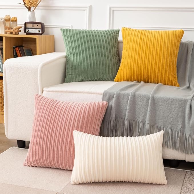 UGASA 18x18Inch Stripe Decorative Throw Pillow Covers Pack of 2 Soft Velvet Solid Square Cushion Case for Sofa Bedroom Couch, Cream
