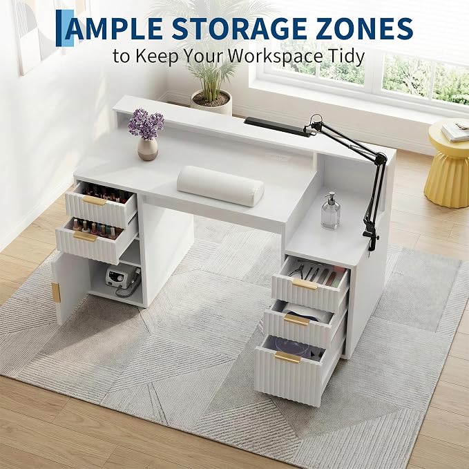 Garvee Rectangular Computer Desk with Hutch & Printer Stand, Ripple Door Storage Home Office Desk, Space-Saving Study Writing Desk for Bedroom, Sturdy Board Student Desk with Easy Assembly, White