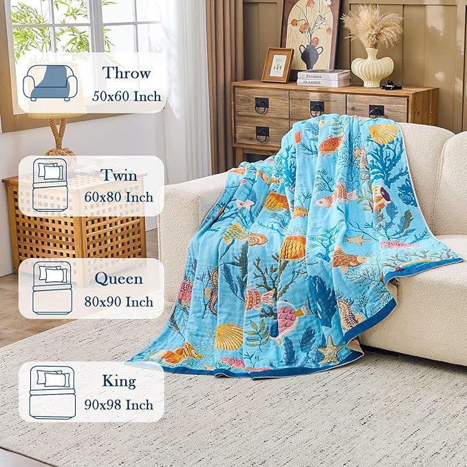 XIBLC Boho Throw Blanket 100% Cotton Vintage Blanket Muslin Woven Flower Decorative Throw Blankets All Season Bohemian Rustic Farmhouse Decor Quilt for Bed (Blue 50"x60")