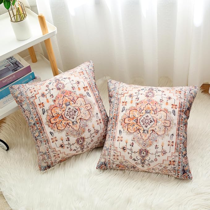 Boho Throw Pillow Covers 16x16 inch Set of 2,Boho Vintage Carpet Pattern Antique Ethnic Decor Double Sided Pattern Cushion Cover Soft Pillow Case Living Sofa Room Bed Square Pillow Cover