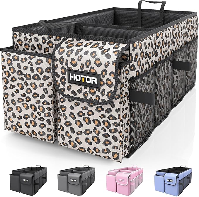 HOTOR Trunk Organizer - Car Organizer, Foldable Trunk organizer for SUVs & Sedans, Sturdy Car Organization for Car Accessories, Tools, Sundries, Brown Leopard, 2 Compartments, 21.3"×12.6"×10.6"