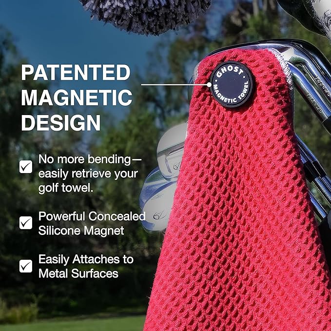 Ghost Golf Magnetic Towel (Greenside) - Premium Ultra-Absorbent Microfiber Golf Towel with Magnet for Golf Carts or Clubs - 18" x 18" Golfing Gear - Waffle Weave Pattern (Neon Green)
