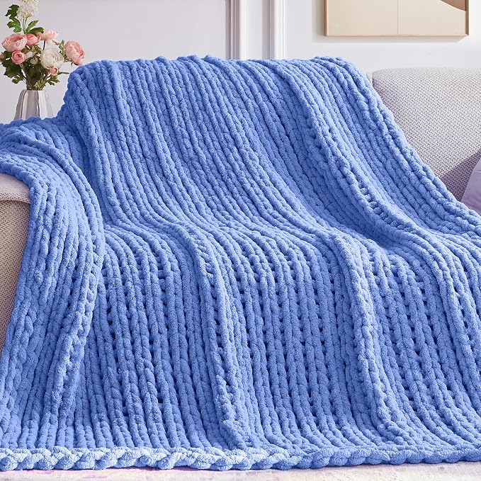 Negwoo Chunky Knit Throw Blanket, Knitted Throw Chenille Yarn, 50"*60" | Soft Thick Cable Knitted Blankets, Handmade Big Thick Blanket, Machine Washable Cute Comfy Blanket for Home Decor, Light blue