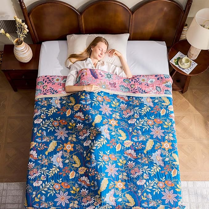 XIBLC Fall Throw Blanket for Couch, Blue Boho Decorative Throw Blanket, 100% Cotton Muslin Breathable Woven Farmhouse Blankets Quilt, 80"x90" Reversible Lightweight Blankets Bohemian Throw Quilt
