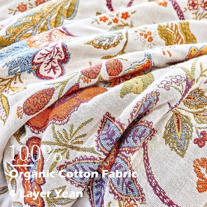 VANJOROY Boho Throw Blanket, 100% Organic Cotton Breathable Skin-Friendly Ultra Soft Bed Quilt Throw - All Season Floral Farmhouse Décor Luxury Blanket for Sofa Couch Chair and Gift. 50" x 60"