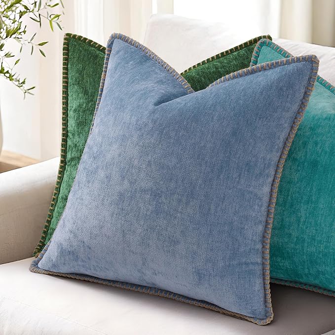 decorUhome Soft Chenille Throw Pillow Covers 22x22 Set of 2 Turquoise | Fall Textured Decorative Throw Pillow Cases Stitched Edge Modern Farmhouse Luxury Boho Velvet for Couch Sofa Bed Home Decor