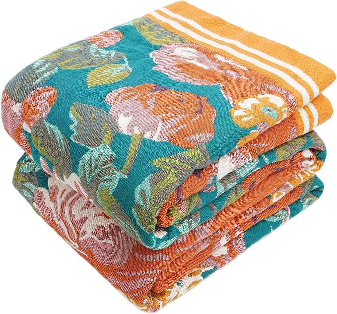 VANJOROY Boho Throw Blanket, 100% Organic Cotton Breathable Ultra Soft 80" x 90" Bed Quilt Throw - All Season Floral Rustic Farmhouse Decor Luxury Reversible Blanket for Sofa Couch Chair and Gift