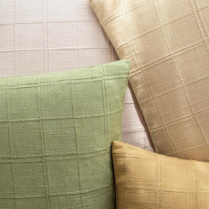 Foindtower Set of 2 Decorative Linen Check Throw Pillow Covers Neutral Farmhouse Vintage Cushion Covers Modern Boho Accent Home Decor for Sofa Chair Couch Bedroom Living Room,22×22 Inch,Light Green