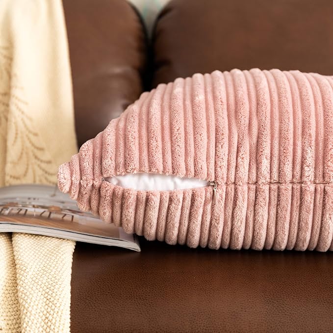 UGASA Velvet Pillow Covers Striped Soft Textured Throw Cushion Cases Pack of 2 Valentines Day Accent Corduroy Lumbar Pillowcases with Hidden Zipper for Home Decor Indoor 12"x20", Baby Pink