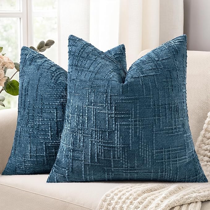 decorUhome Textured Chenille Throw Pillow Covers 20x20 Set of 2 Navy Blue | Fall Modern Farmhouse Soft Cozy Slubby Couch Pillow Cases Boho Decorative Pillow Cases for Bed Sofa Living Room Home Decor