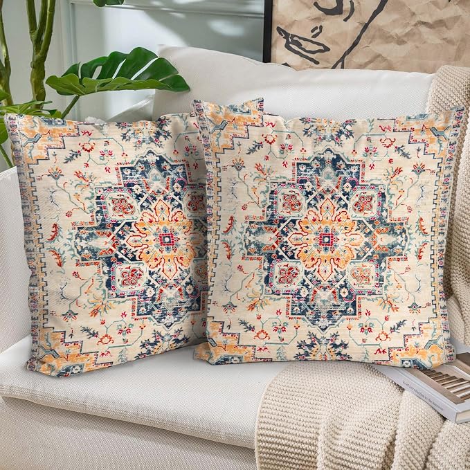 Boho Throw Pillow Covers 22x22 inch Set of 2,Boho Vintage Carpet Pattern Antique Ethnic Decor Double Sided Pattern Cushion Cover Soft Pillow Case Living Sofa Room Bed Square Pillow Cover