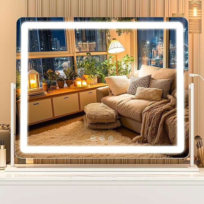 Vanity Mirror with Lights, 23.6'' x 20'' Lighted Makeup Mirror, Touch Screen with 3-Color Lighting, Dimmable for Vanity Desk Tabletop Round White