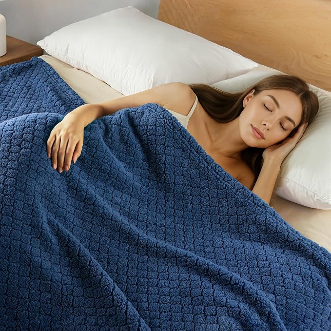 Exclusivo Mezcla Soft Fleece Queen Size Blanket for Bed, Navy Blue | Jacquard Lightweight Cozy Bed Blanket, Breathable Decorative Fuzzy Textured All Season Use, 90x90 Inches