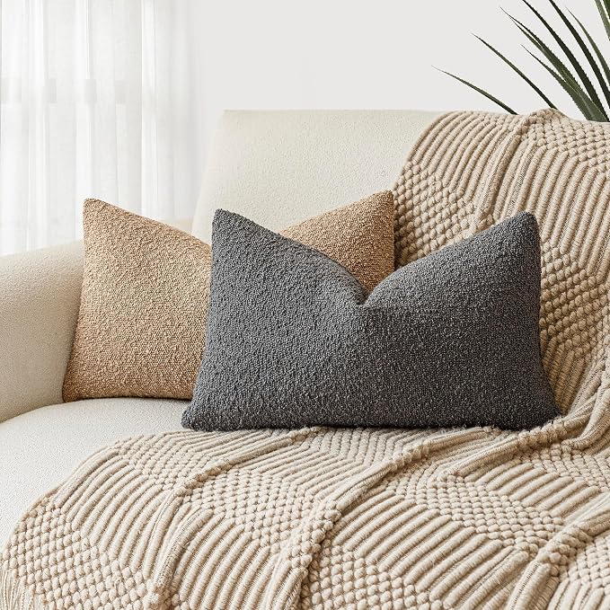 Foindtower Pack of 2 Textured Boucle Throw Pillow Covers Accent Solid Decorative Lumbar Pillow Cases Woven Couch Cushion Case for Sofa Living Room Home Decor, 12 x 20 Inch,Dark Grey