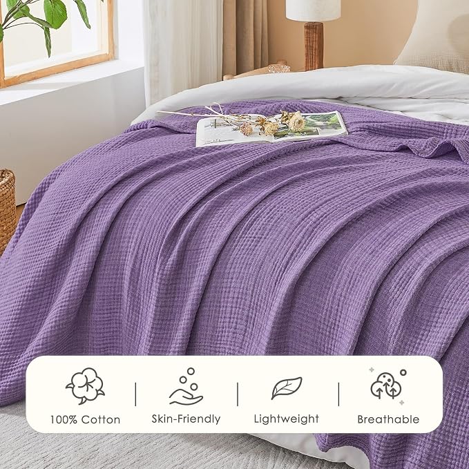 EMME Cotton Muslin Large Throw Blanket Couch Breathable Gauze Soft Lightweight Bed Blankets Adults (Heather Purple, 50"x70") | 4-Ply Two-Tone Yarn - Soft Throw Blanket for Adults, Breathable and Prewashed, for Sofa and Bed All Year Round