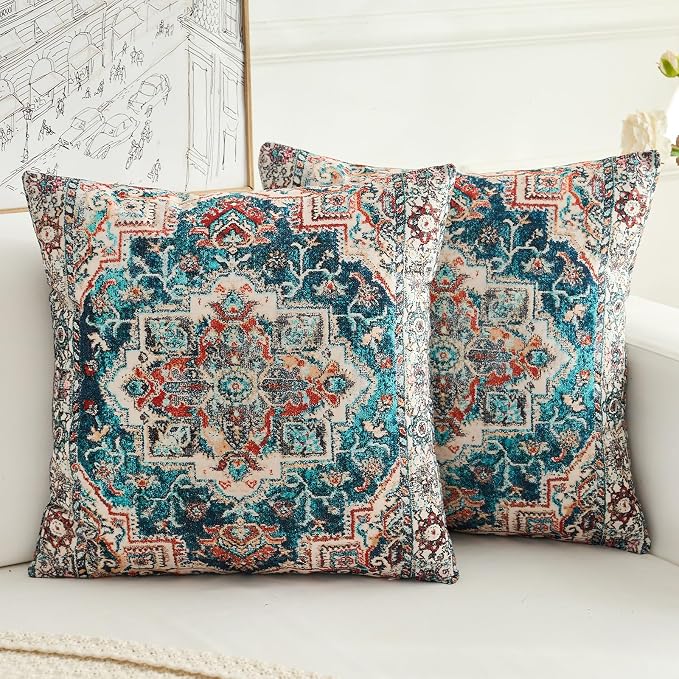 Boho Throw Pillow Covers 20x20 inch Set of 2,Boho Vintage Carpet Pattern Antique Ethnic Decor Double Sided Pattern Cushion Cover Soft Pillow Case Living Sofa Room Bed Square Pillow Cover