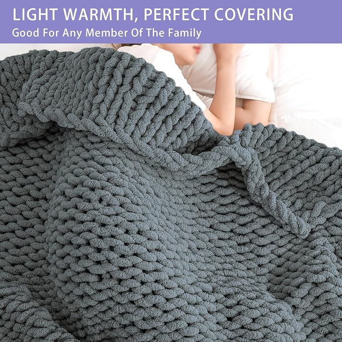 Bigacogo Chunky Knit Throw Blanket for Couch, 51x63 inches, Iron Gray | Hand Knit with Jumbo Chenille, Soft Breathable Cable Knit for Sofa Bed Living Room, Machine Washable, Gift for Mom Friend