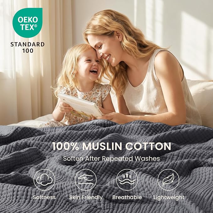Love's cabin 100% Cotton Muslin Blanket, 6 Layer Lightweight Breathable Gauze Twin Size Blanket 60 x 80 Inches, Soft Summer Blanket for Bed or Couch, Dark Grey