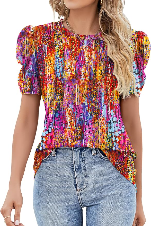 Ivicoer Puff Short Sleeve Shirt for Women Eyelet Tops Summer Crewneck Blouse Loose Fit S-XXL