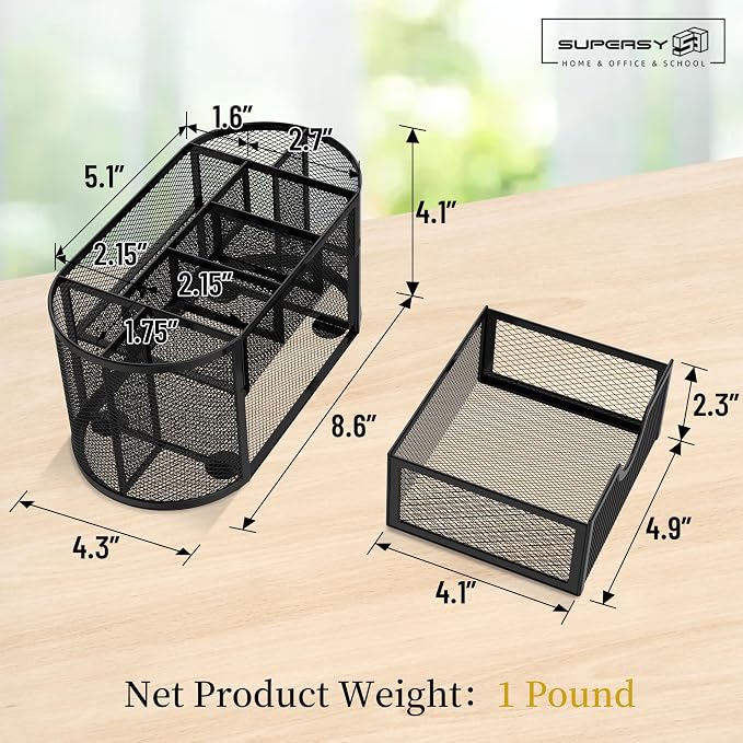 Mesh Desk Organizer with Drawer, 9-Compartment Pen Holder for Desk, Black | Pull-Out Drawer Stores Pens, Pencils, Clips, Notes, and Small Office or School Supplies in One Compact Desk Caddy