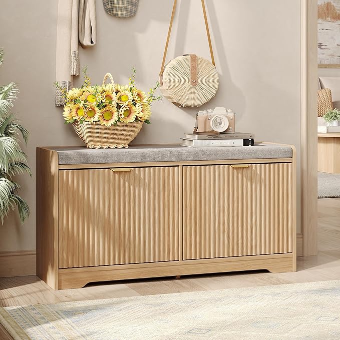 Maupvit 39.4" Fluted Shoe Bench with Storage, Narrow Entryway Bench with Removable Seat Cushion & 2 Flip-Drawers, Shoe Cabinet Bench, Boho Hidden Shoe Rack for Entrance, Hallway, Living Room (Natural)
