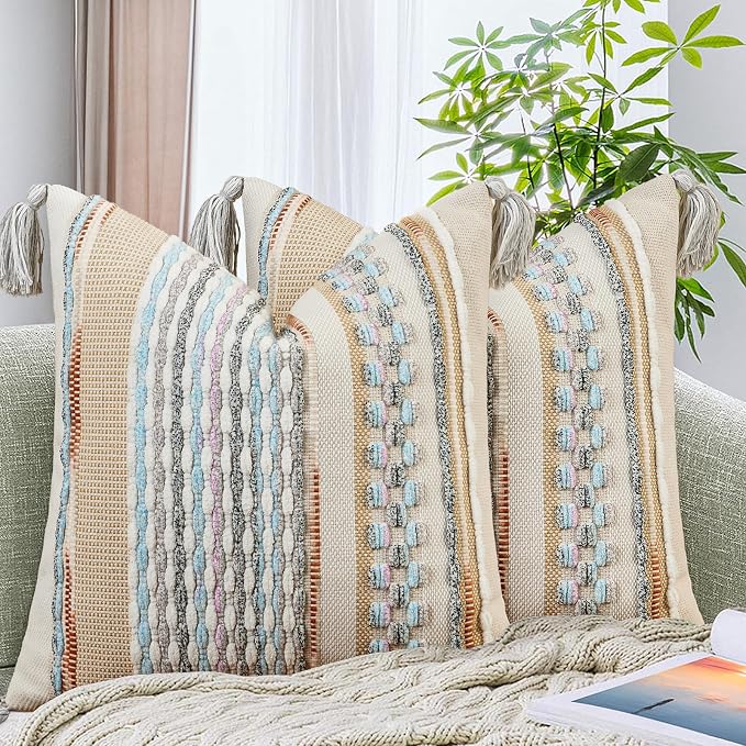 Set of 2 Chenille Striped Textured Boho Throw Pillow Covers Aesthetic with Tassels Woven Decorative Pillow Case for Couch Bed Sofa Bedroom Modern Funky 18 x 18-Inch White Multicolor