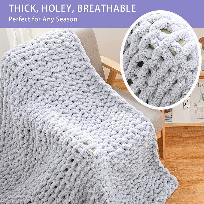 Bigacogo Chunky Knit Throw Blanket for Couch, 51x63 inches, Light Grey | Hand Knit with Jumbo Chenille, Soft Breathable Cable Knit for Sofa Bed Living Room, Machine Washable, Gift for Mom Friend