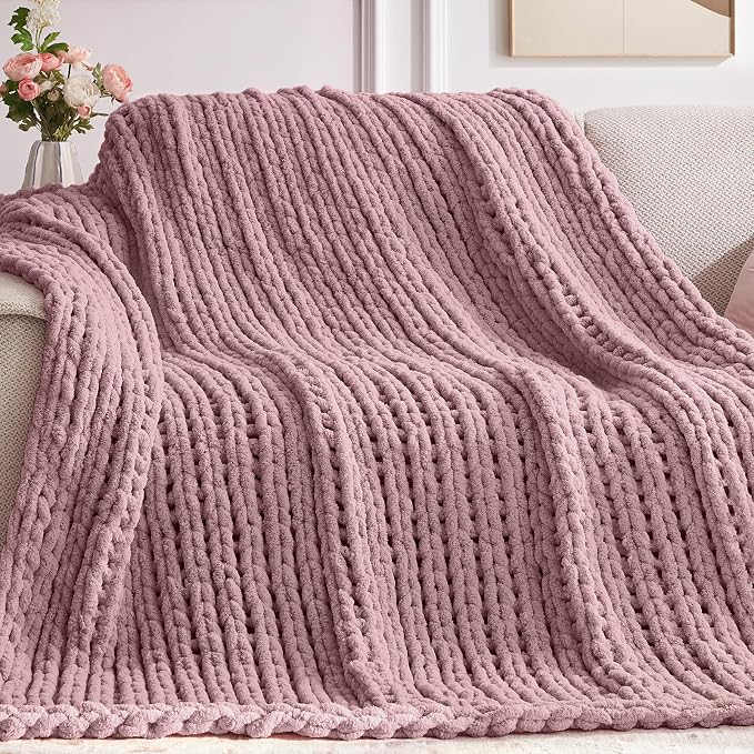 Negwoo Chunky Knit Throw Blanket, Knitted Throw Chenille Yarn, 60"*80" | Soft Thick Cable Knitted Blankets, Handmade Big Thick Blanket, Machine Washable Cute Comfy Blanket for Home Decor, Muted pink