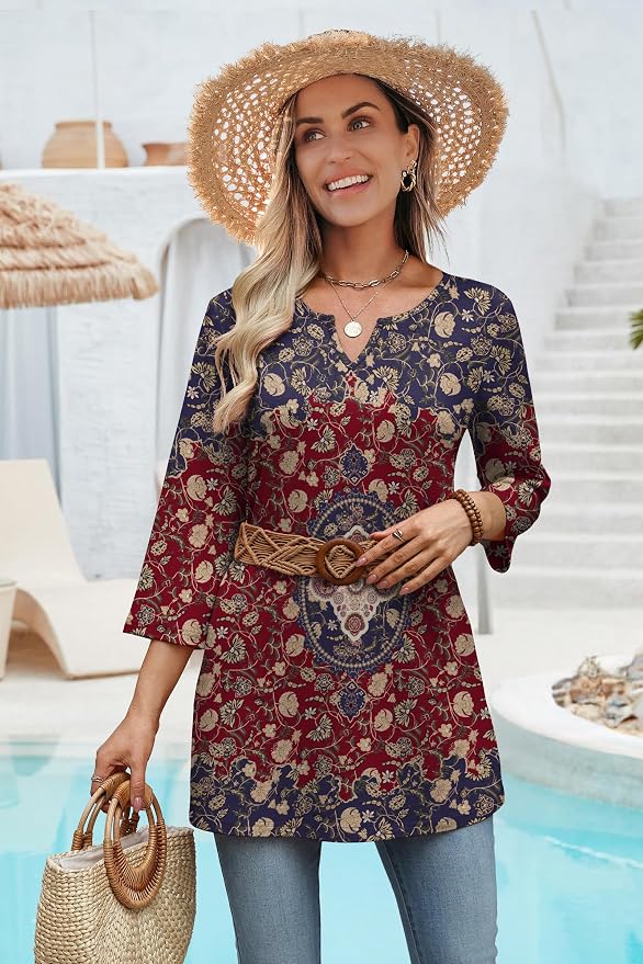OFEEFAN Summer Boho Tops For Women 3/4 Length Sleeve Womens Tops Vacation Outfits