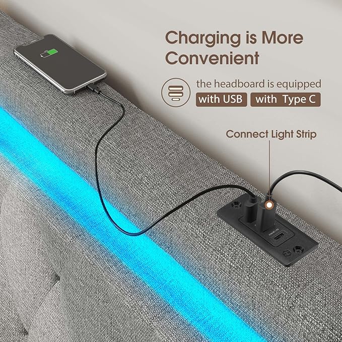 GREENSTELL Headboard for Twin Size Bed with 60,000 DIY Color of LED Light, USB & Type C Post, Attach Frame, Height Adjustable, Gray Wall Mounted Head Boards Only, Sturdy & Stable, Comfortable, Twin