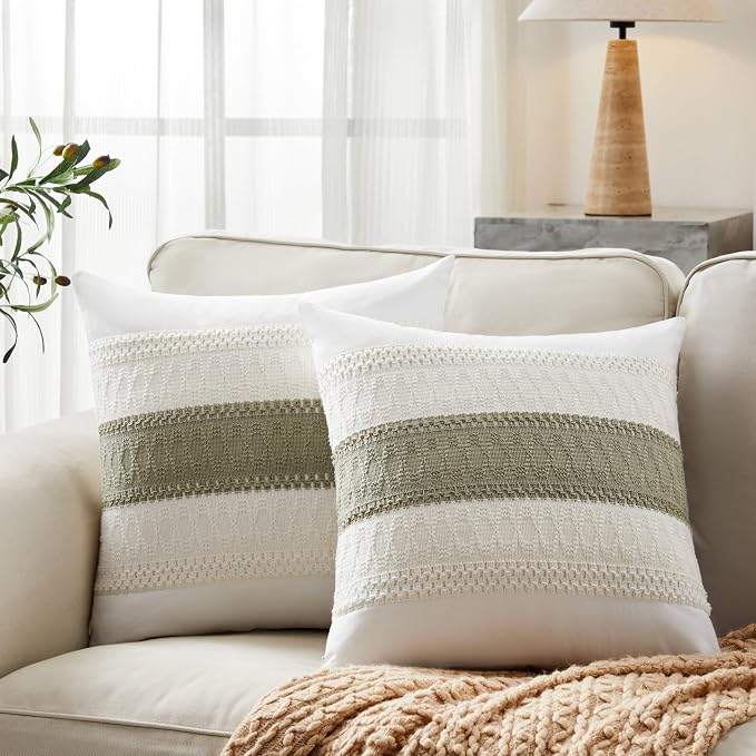 2pk Boho Pillow Covers 18x18, Natural White/Contrast/Dark Sage | 100% Organic Cotton Body, Stripe Embroidery, Farmhouse Decorative Cushion Covers for Sofa Bed Living Room Home Decor