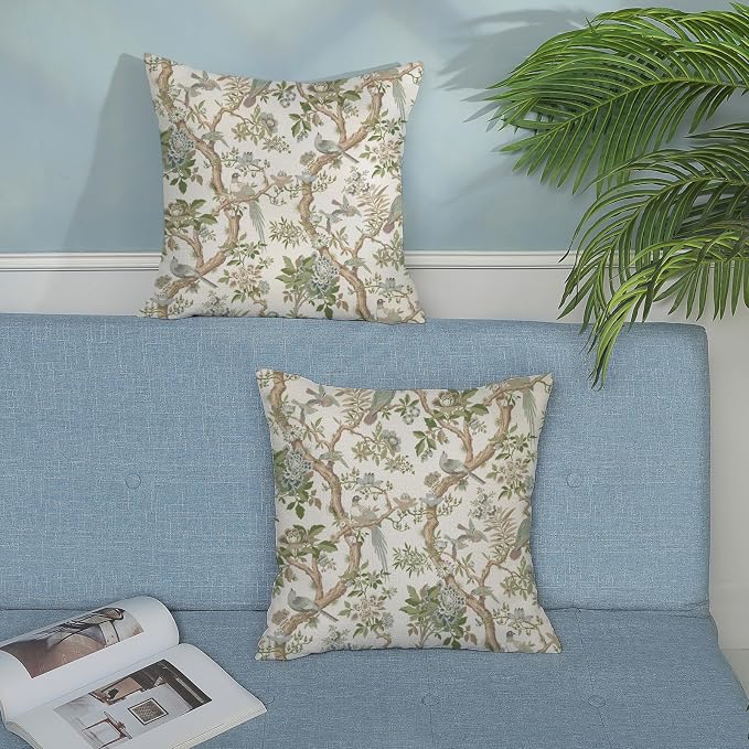 Green Floral Bird Pillow Covers 24x24 Set of 2 Chinoiserie Throw Pillows Green Vintage Flowers Bird Decorative Pillow Cases Outdoor Chinoiserie Decor Farmhouse Cushion Case for Couch Sofa