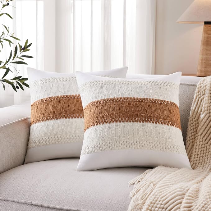 2pk Boho Pillow Covers 18x18, Natural White/Contrast/Caramel | 100% Organic Cotton Body, Stripe Embroidery, Farmhouse Decorative Cushion Covers for Sofa Bed Living Room Home Decor