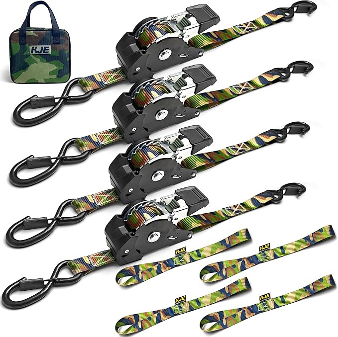 KJE Camo Retractable Ratchet Straps, (4) 1" x 10' Tie Down Strap + (4) Soft Loop -Heavy Duty 1,650lb Max Break Strength, S-Hook W/Clip, Self Retracting Ratchet Strap for Motorcycle, Kayak, ATVs, Boats