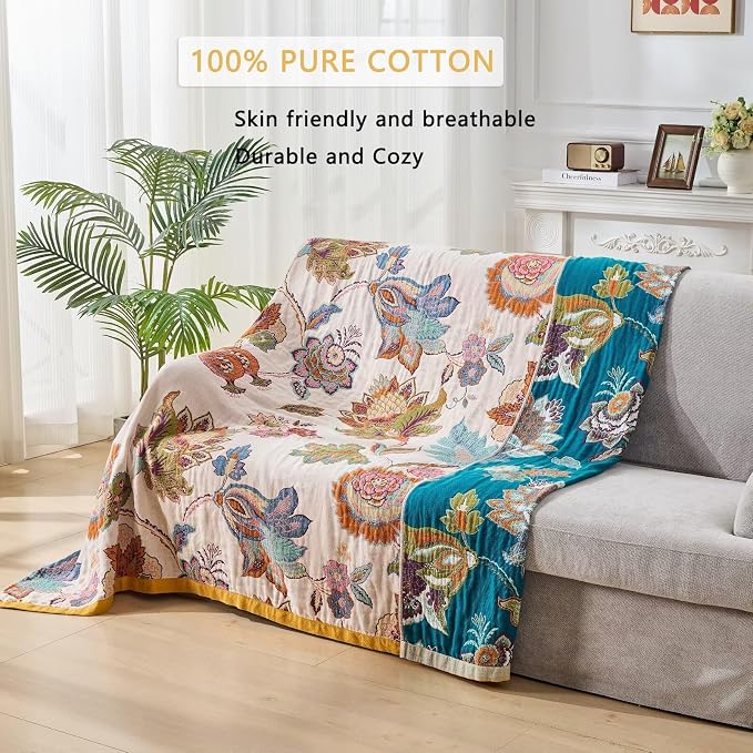 Boho Throw Blanket Farmhouse Decor Throw Blanket Bohemian Blanket for Bed 100% Cotton Muslin Woven Couch Blanket All Seasons Quilt Bedroom (B-Beige, 80"x90")