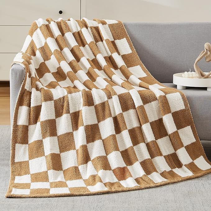 Soft Checkered Throw Blanket for Couch-Cozy Warm Knitted Blankets | Lightweight Warm Fluffy Decor for Women, Mom, Her & Girls, Sofa, Chair, Bed, 50x70in, Burnt Orange