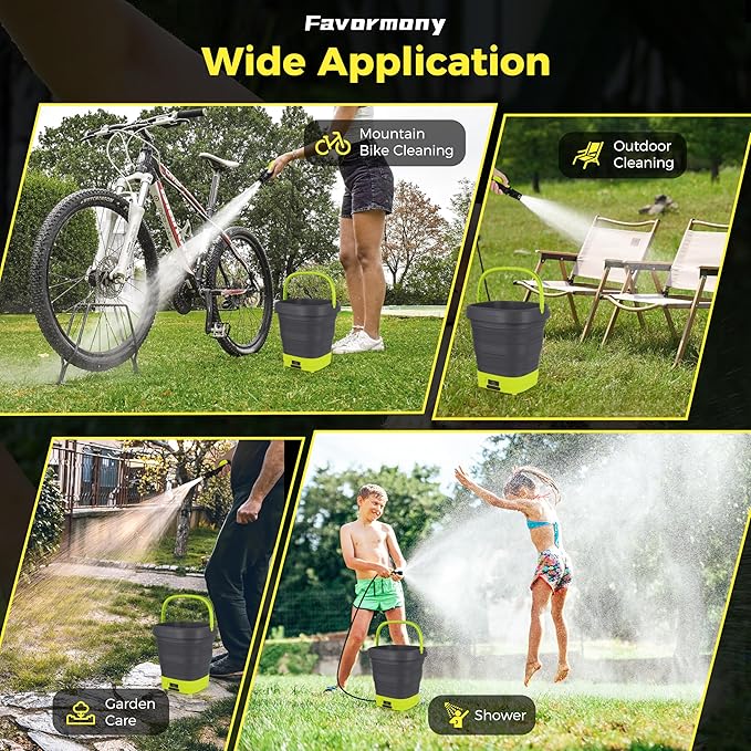 Portable Pressure-Washer Max 290PSI, Foldable Water Pressure Washer w/3.2Gal Tank and 10FT Hose Type-C Charging, for Bike, Pet Cleaning, Garden Care, Lime Green