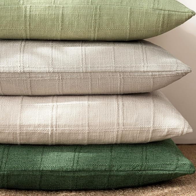 Foindtower Set of 2 Decorative Linen Check Throw Pillow Covers Neutral Farmhouse Vintage Cushion Covers Modern Boho Accent Home Decor for Sofa Chair Couch Bedroom Living Room,22×22 Inch,Forest Green