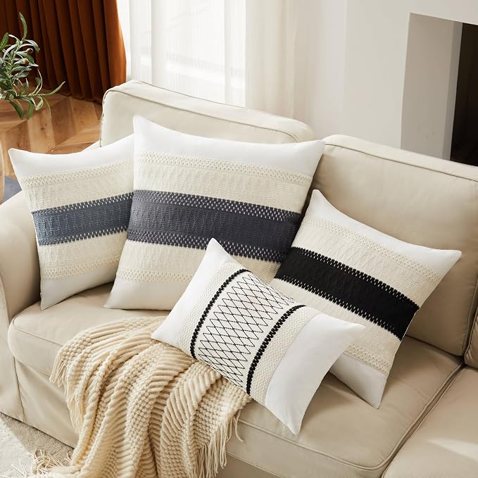2pk Boho Pillow Covers 18x18, Natural White/Grid/Black | 100% Organic Cotton Body, Stripe Embroidery, Farmhouse Decorative Cushion Covers for Sofa Bed Living Room Home Decor