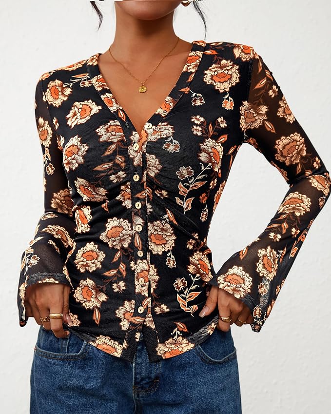 BTFBM Button Down Shirts for Women 2026 Fall Boho Tops V Neck Long Sleeve Blouses Ruched Mesh Fitted Fashion Clothing