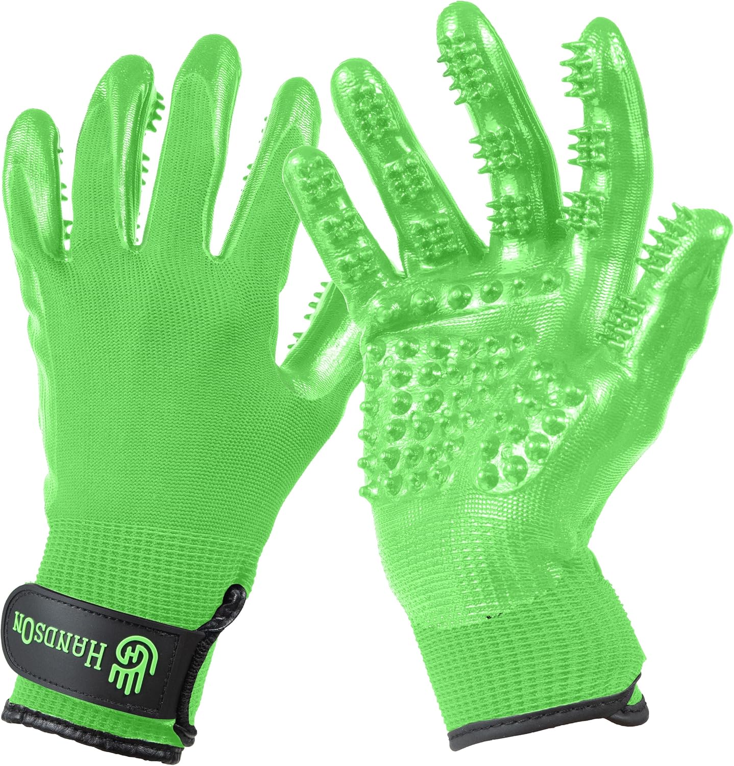 H HANDSON Pet Grooming Gloves - Patented #1 Ranked, Award Winning Shedding, Bathing, & Hair Remover Gloves - Gentle Brush for Cats, Dogs, and Horses (Mono Green, Junior)