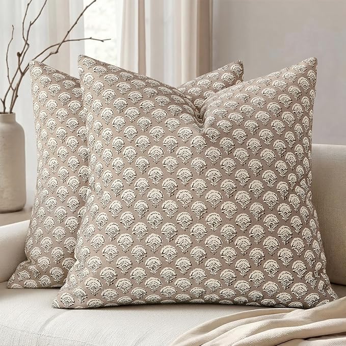 MIULEE Floral Print Decorative Pillow Covers 20x20, Light Taupe | Vintage Boho Farmhouse Modern Home Decor, Set of 2, Block Print Cushion Covers for Couch Sofa Bed Living Room