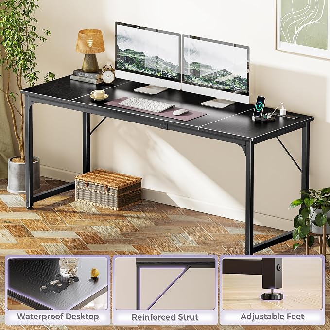 PRAISUN 70 X 24 Inch Computer Desk, Power Outlets, USB-C, Black | Office Desk with 4 AC Outlets, USB & USB-C, Sturdy Metal Frame, Spacious Desktop for Work, Writing, Study & Gaming
