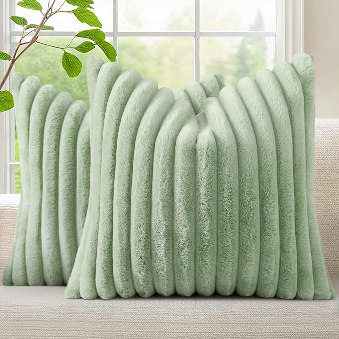 decorUhome Fall Faux Fur Throw Pillow Covers 22x22 Set of 2 Sage Green | Decorative Soft Cozy Striped Plush Modern Farmhouse Boho Couch Pillow Cases Velvet Back for Sofa Bed Living Room Home Decor