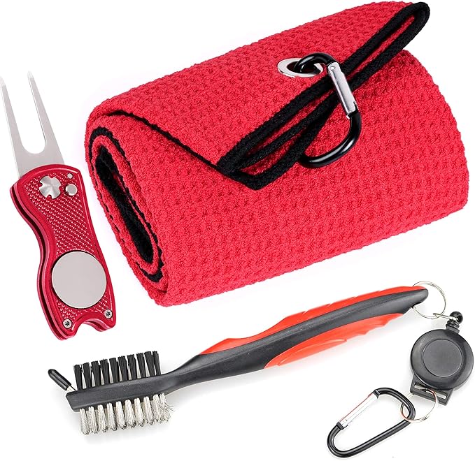 Mile High Life Microfiber Waffle Pattern Golf Towel | Club Groove Cleaner Brush | Foldable Divot Tool with Magnetic Ball Marker (Red Towel/Brush/Fish Divot)