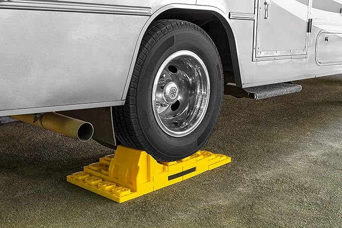 Camco Camper/RV Leveling Block Wheel Chocks - Stabilize & Center Wheels Easier - Helps Eliminate Dangerous Tire Movement - Sized for Larger Vehicle Tires - 2-Pack (44401)