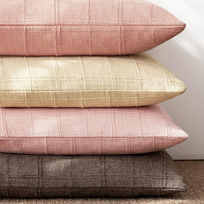 Foindtower Set of 2 Decorative Linen Check Throw Pillow Covers Neutral Farmhouse Vintage Cushion Covers Modern Boho Accent Home Decor for Sofa Chair Couch Bedroom Living Room,16×16 Inch,Light Pink