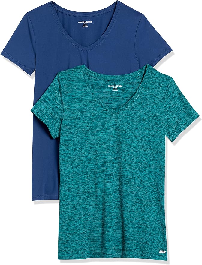 Amazon Essentials Women's Active Quick Dry Tech Stretch Short-Sleeve V-Neck T-Shirt (Available in Plus Size), Pack of 2