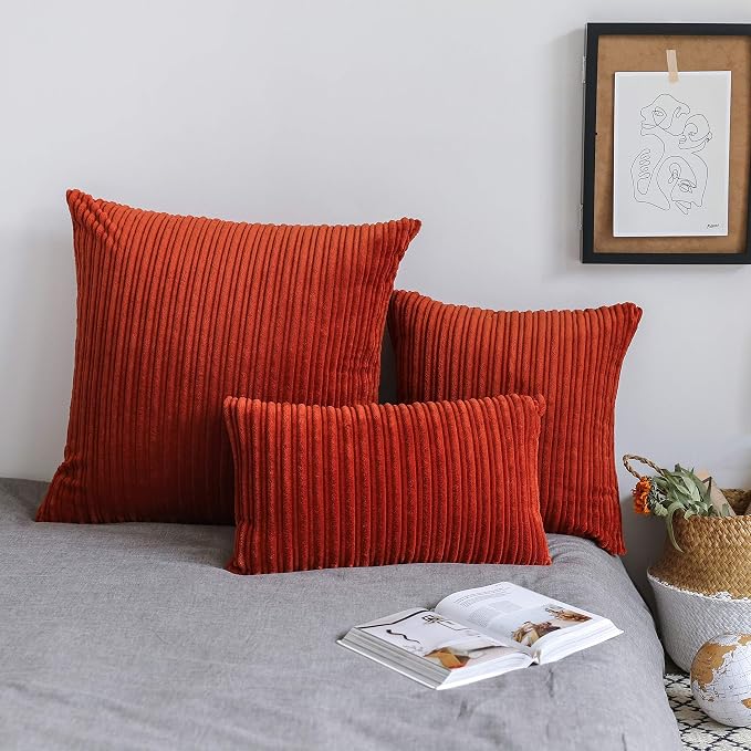 UGASA Fall 14x24 Inch Pillow Cover Pack of 1 Soft Boho Stripe Corduroy Long Rectangle Lumbar Cushion Case Farmhouse Decorative Throw Pilowcase for Bed, Couch, Sofa, Bedroom, Living Room, Burnt Brick