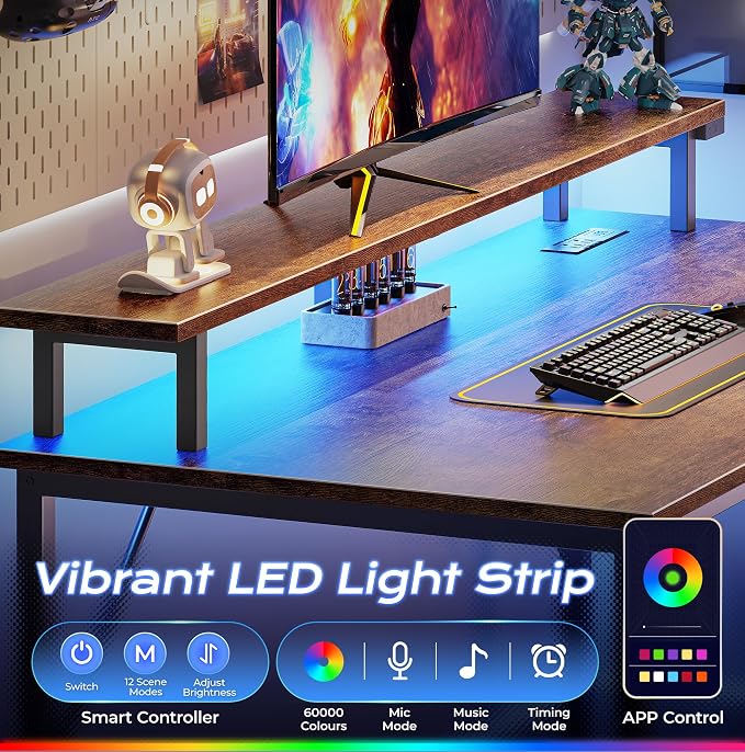 PRAISUN 40 inch Gaming Desk, LED & Outlets, Monitor Stand, Rustic Brown | Sturdy PC Desk for Home Office, Study & Work, LED Lights, 4 AC Outlets & USB-C Charging Station